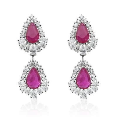 14.19 Tcw Ruby Gemstone SI/H Diamond Dangle Drop Earrings 18k White Gold - Image 1 of 4