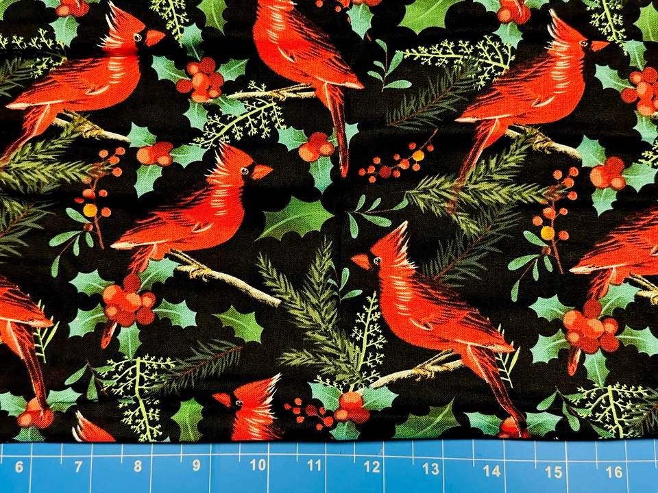 Tina Scrap 9"x21" Christmas Tree Cardinal Bird Winter Holly Berry FABRIC Cotton - Image 1 of 1