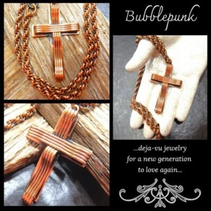 MCM Vintage Modernist Ribboned Copper Cross Thick Chain Necklace ~ Estate - Picture 1 of 9