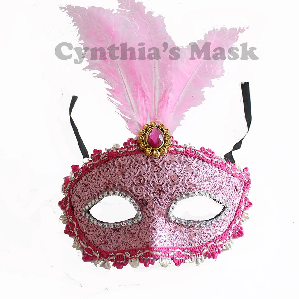 Baby Pink Venetian Masquerade Mask w/Feathers Party Prom Mardi Gras Halloween - Image 1 of 1