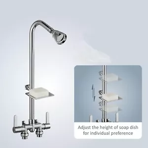 Chrome Outdoor Shower Faucet Set Bathroom Dual Handle Head Combo w/Soap Holder - Picture 1 of 20