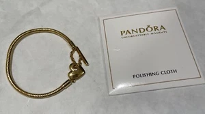 100% Authentic PANDORA 569285C00 Gold Plated Heart T-Bar Charm Bracelet 6 7.8" - Picture 1 of 4
