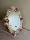 Vintage Murano Mirror 13 1/2" X 11"Flowers and Lace Pattern Pink and Clear Glass