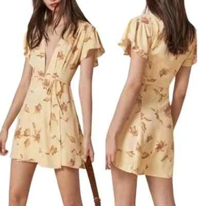 Reformation Samba Dress Tuscany Yellow Floral Print Mini Short Wrap Women Small - Picture 1 of 9