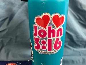 John 3:16 Glitter Vinyl Sticker 3” CEA Hearts Love Jesus Christ Girl Pink bible - Picture 1 of 5