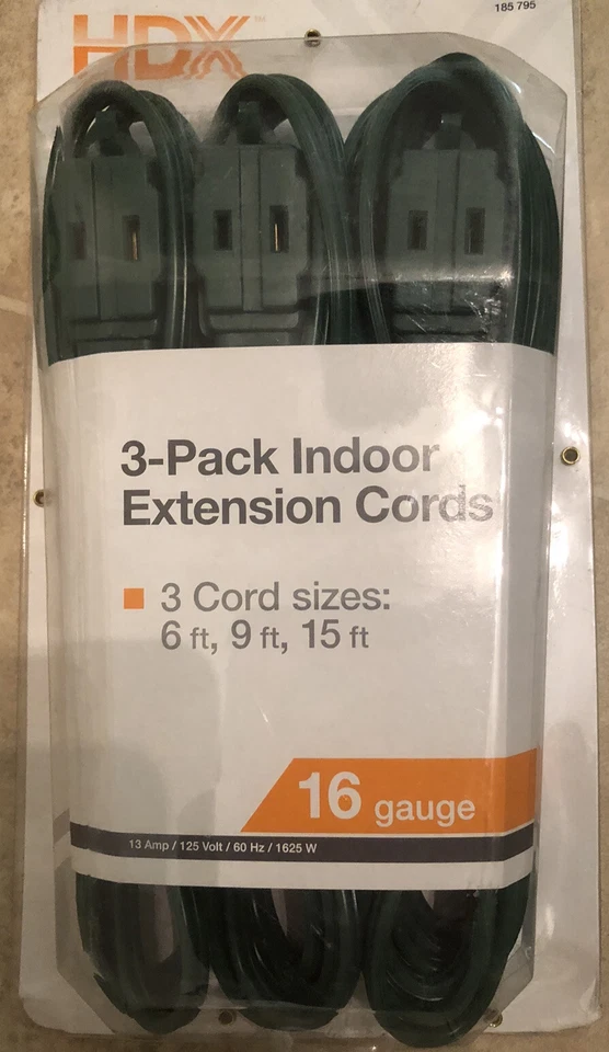 3 PACK INDOOR EXTENSTION CORDS 6,9, and 15 ft  - Image 1 of 1