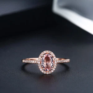 Natural Diamonds 7x5mm Lightest Pink Morganite Wedding Ring Solid 10k Rose Gold - Picture 1 of 8