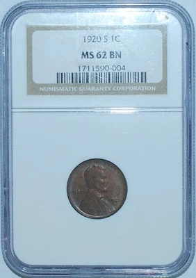 1920 S NGC MS62BN Brown Lincoln Wheat Cent - Image 1 of 2