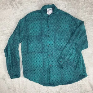 Vintage Whats Happening Primitive Beat Shirt Mens Small Teal Geometric Rayon - Picture 1 of 11