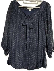 Dressbarn Womens Blouse 3/4 Sheer Sleeve Blue White Polka Dot Boho Plus size 1X - Picture 1 of 7
