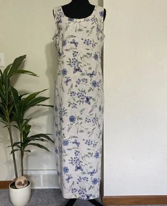 Vintage 90er Sommer Maxikleid 14 Blumen Schmetterling Flachs Viskose Mischung ärmellos Etui - Bild 1 von 17