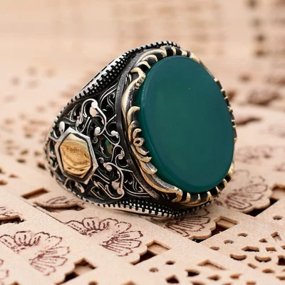 Anillo turco de plata de ley 925 ovalado plano piedra ágata verde para hombre Foto 1 de 4