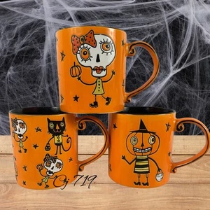 ELI + ANA Orange Halloween Trick Or Treat Pumpkin, Cat, Skull Head Mug Set Of 3 - Picture 1 of 7