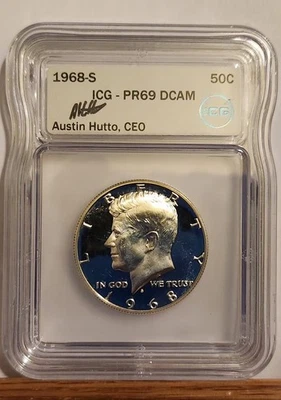 S Kennedy 1968 medio ICG PR69 DCAM PF69 ultra camafeo firmado por Austin Hutto Foto 1 de 4