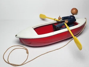 Vintage Woodettes Inc. Coast Guard Pressed Steel Animated Pull Toy Row Boat - Picture 1 of 10