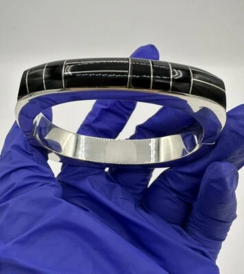 MEXICO TN-57 STERLING SILVER 950 INLAID ONYX  BANGLE BRACELET 60mm Round 62g - Image 1 of 4