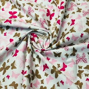 BUTTERFLIES PINK BROWN ON WHITE 100% COTTON FABRIC per metre - Picture 1 of 2