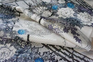 Vintage Japanese Silk Kimono Fabric Rinzu Floral River Scene White 171CM(67") - Picture 1 of 13