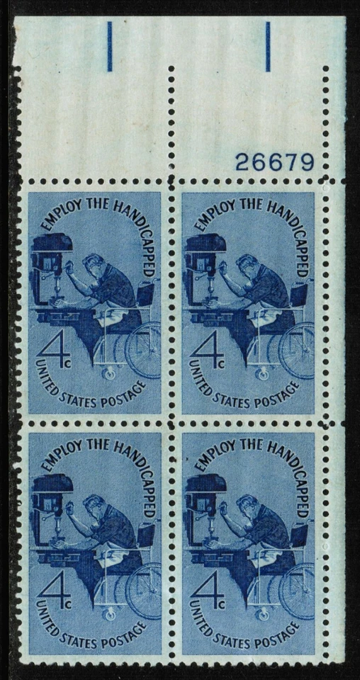 US USA Sc# 1155 MNH FVF PLATE# BLOCK Employ Handicapped Wheelchair Drill Press - Image 1 of 1