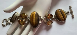 Vintage 925 STERLING ARMBAND Tigerauge & Citrin klobig groß Adj/kostenloser Versand USA - Bild 1 von 8