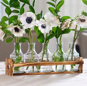 Glass Flower Vase with Wooden Holder & 5 Bud Vases for Flowers Set for Home D... - Picture 1 of 6