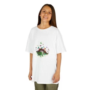 Kids Tee, Cute Stegosaurus Dinosaur with Butterflies Print, Children's T-Shirt, - Picture 1 of 15
