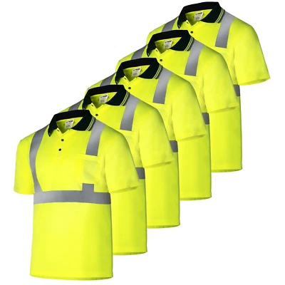 JORESTECH® 5 Pack Hi-Vis Lime Safety Workwear Short Sleeve Polo Shirt Top Reflective Tape