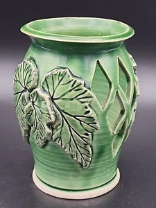 Green Tea Light Candle Holder Vase Studio Art Pottery Diamond Cuts Grape Leaves - Picture 1 of 9