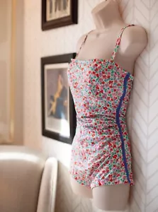 1970s Vintage Floral Print Spandex Stretch Strapless Adjustable Bathing Suit - Picture 1 of 14
