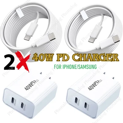 2X For iPhone 15 16 17 17 Air 40W Dual USB-C Fast Charger Block PD Type-C Cable - Image 1 of 4
