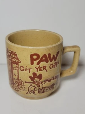 Vintage Paw Git Yer Coffe Hillbilly Coffee Mug Shady Orange And Tan Speckled - Image 1 of 4