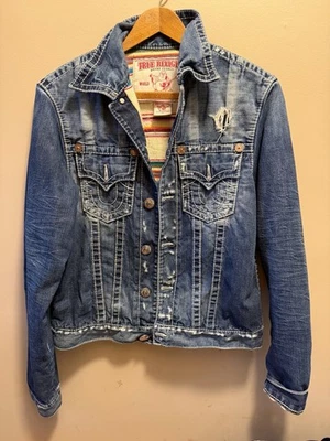 Raquete caminhoneiro jeans True Religion forrada em branco México masculina média em excelente estado usado Y2K vintage - Imagem 1 de 4