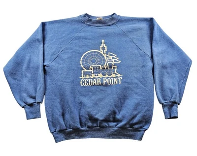 Moletom masculino vintage Cedar Point grande azul gola redonda parque de diversões EUA 70s - Imagem 1 de 4