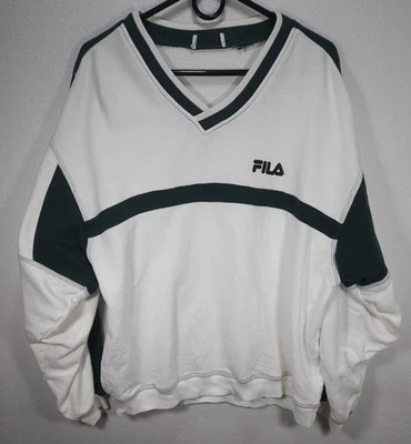 Sudadera deportiva vintage Fila para hombre blanca verde suéter cuello en V talla grande Foto 1 de 4