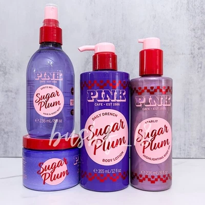 Victoria's Secret PINK SUGAR PLUM 4 peças loção, cabelo e névoa corporal, óleo corporal, manteiga - Imagem 1 de 4