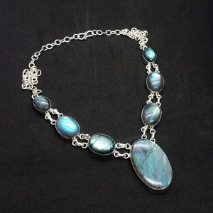 Labradorite Gemstone 925 Sterling Silver Jewelry Necklace Size-17-18" - Picture 1 of 4