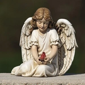 LOVING ANGEL WITH CARDINAL GARDEN STATUE - GARDEN SCULPTURE - Picture 1 of 1