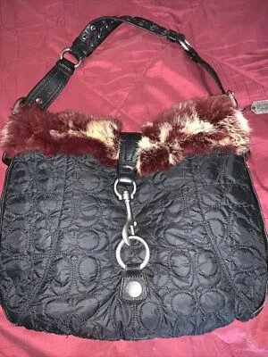 Bolso de Hombro Coach Negro Granate Satinado Acolchado Piel de Conejo Firma Hobo Foto 1 de 4