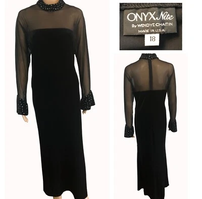 vtg Wendye Chaitin Black Velvet Maxi Dress Sz 18 Rhinestones USA Onyx Nite - Image 1 of 4