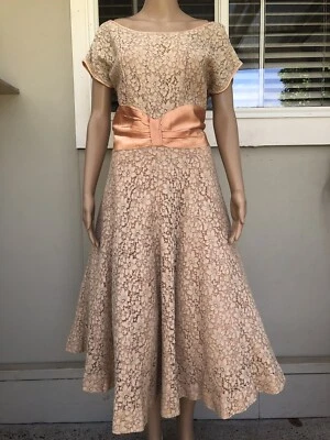 Vestido Falda Completa De Colección Años 50 Moca Y Melocotón Encaje 10 Foto 1 de 4