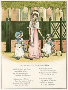 GOING TO SEE OMA 1885 viktorianische Ära Kinder Poesie Farbe Kunstdruck - Bild 1 von 3