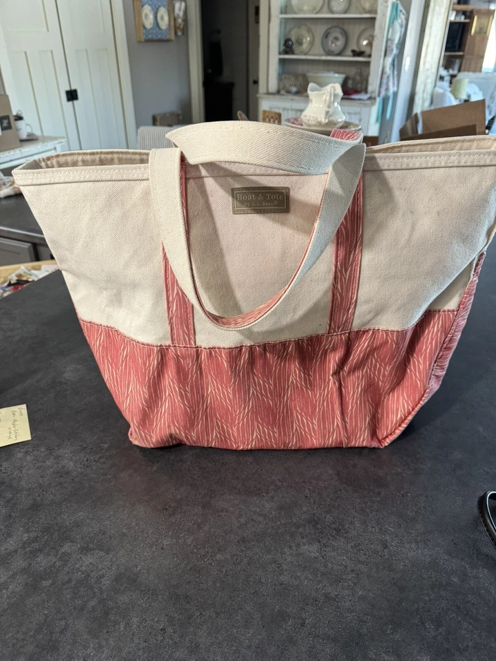 XL Vintage LL BEAN Barco y Bolso Enorme Rígido Lona Natural Crema y Rosa Foto 1 de 4