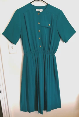 Vestido De Colección Orvis Para Mujer 12 Midi Azul Verde Manga Corta Abotonado Academia Oficina Foto 1 de 3
