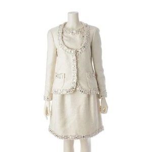 CHANEL Tweed Jacket Skirt Set Silk Blend Suit Set Beige Beaded 38 - Picture 1 of 10