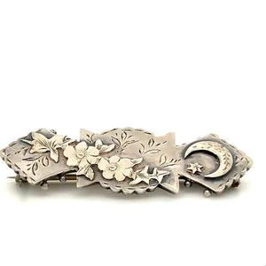 Antique Signed Chester England Dated 1893 Floral Crescent Moon Long Brooch Pin - Picture 1 of 9