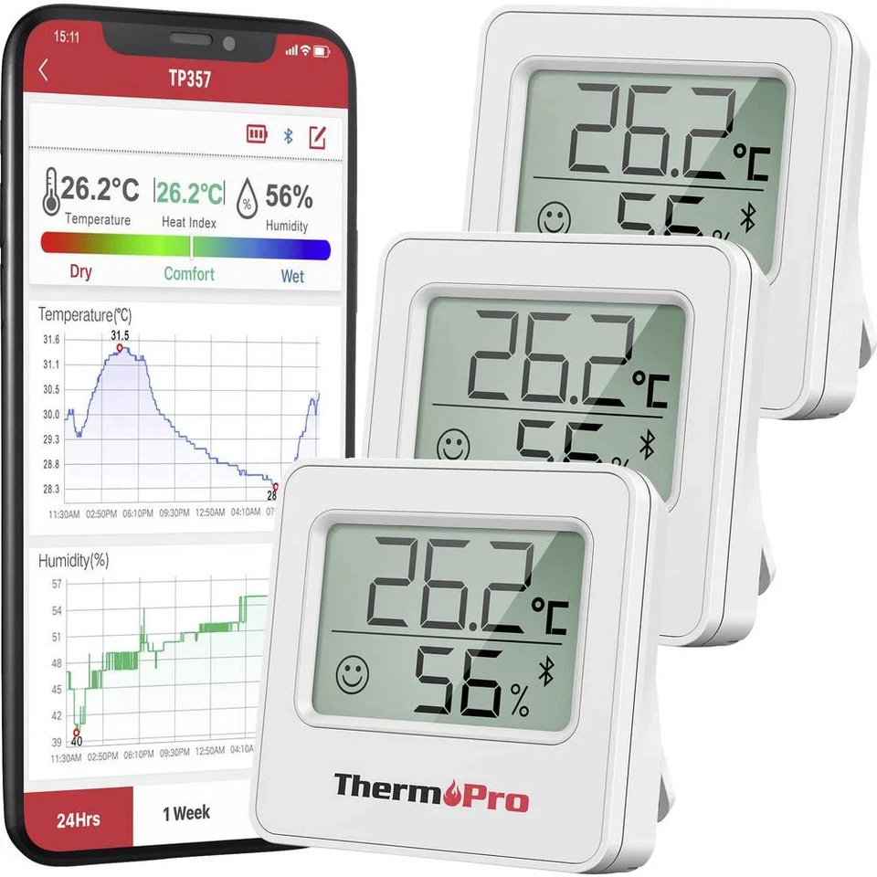 3er Multipack ThermPro Funk-Thermo-/Hygrometer Weiß TP357-3 - Bild 1 von 1