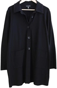EILEEN FISHER Black WASHABLE STRETCH CREPE CLASSIC COLLAR JACKET Longline SZ L - Picture 1 of 4