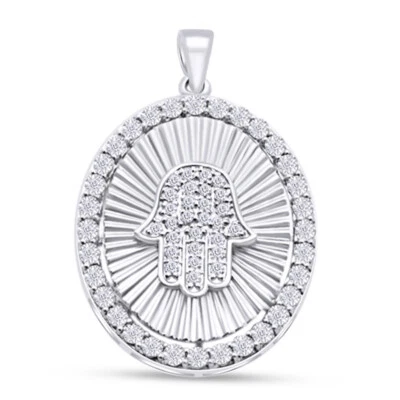 Colgante con dije de mano de Hamsa forma ovalada de diamantes naturales de oro de 10 quilates de 1/3 quilates Foto 1 de 4