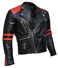 Brando Classic Biker Vintage Black & Red Retro Motorcycle Real Leather Jacket