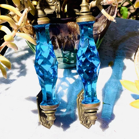 Antique Ornate Cobalt Blue Cut Crystal Brass Door Handles Arizona Castle Rare Cover